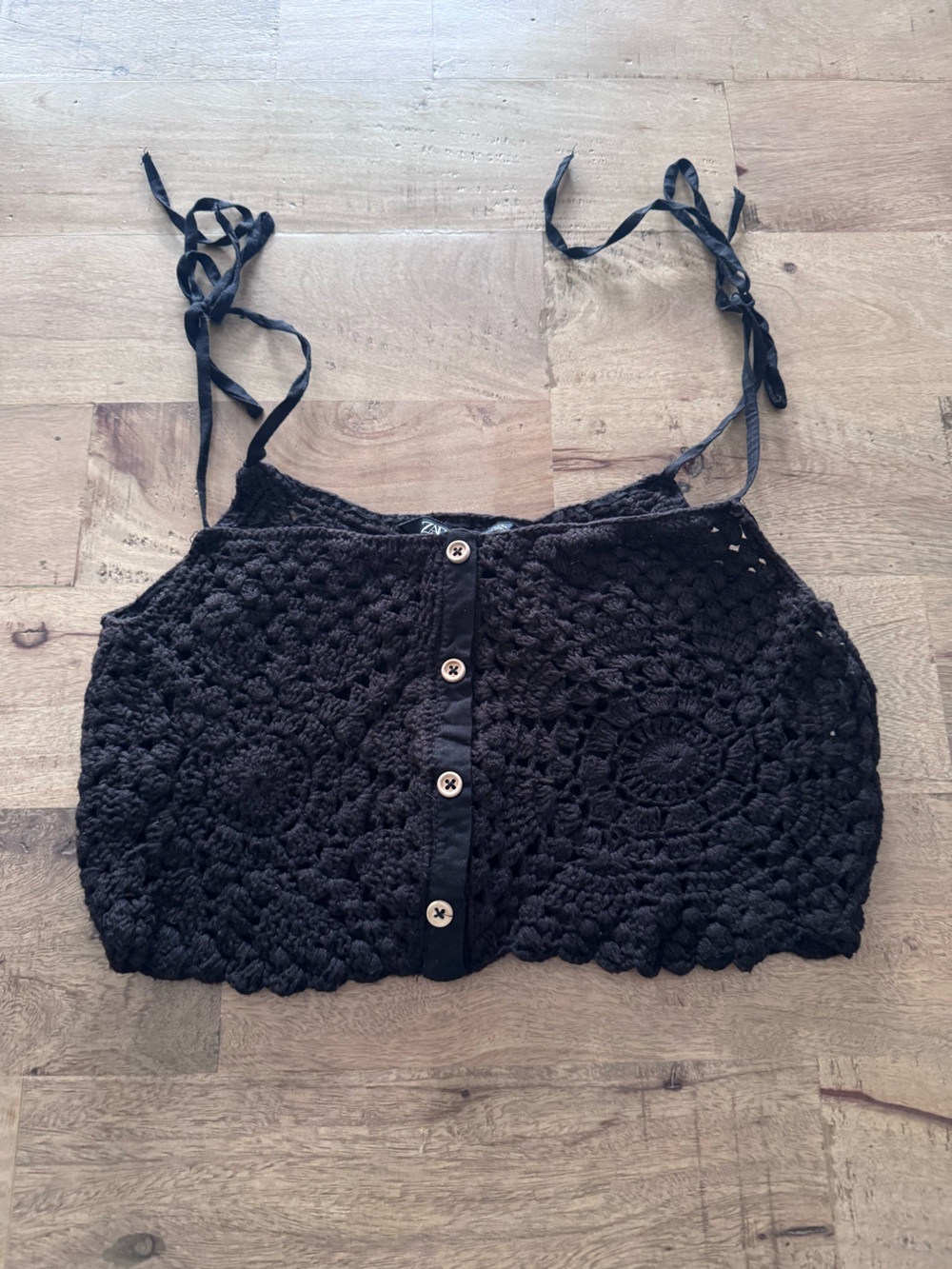 Zara Black Crochet Tie-Shoulder Crop Top Women Tops sz small - Picture 2 of 6